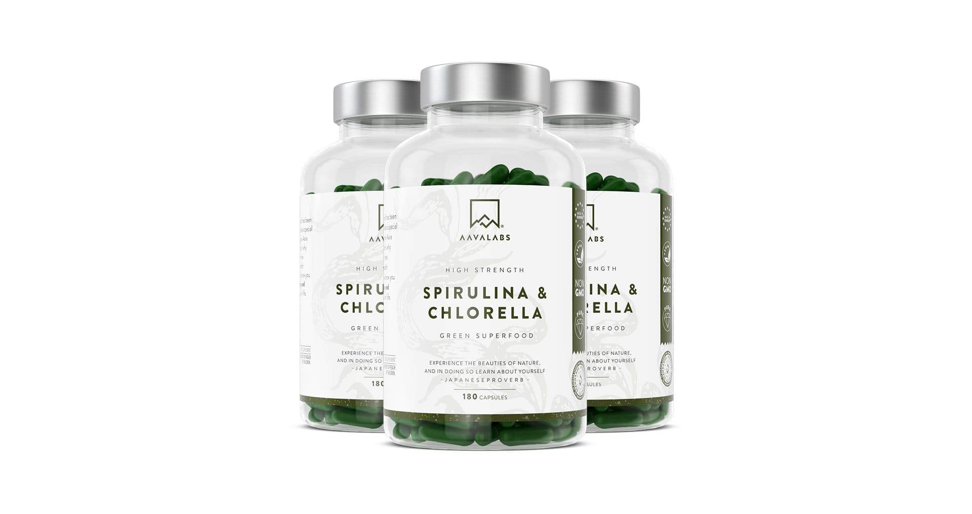 Three bottles of AAVALABS Spirulina & Chlorella capsule